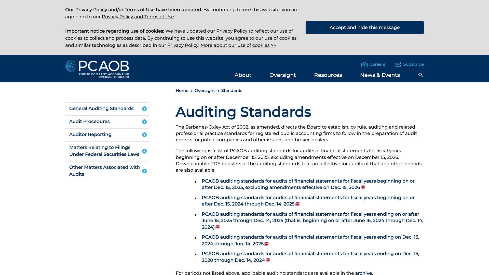 PCAOB Auditing Standards page showing official retention requirements and documentation completion standards for SOX audit trails